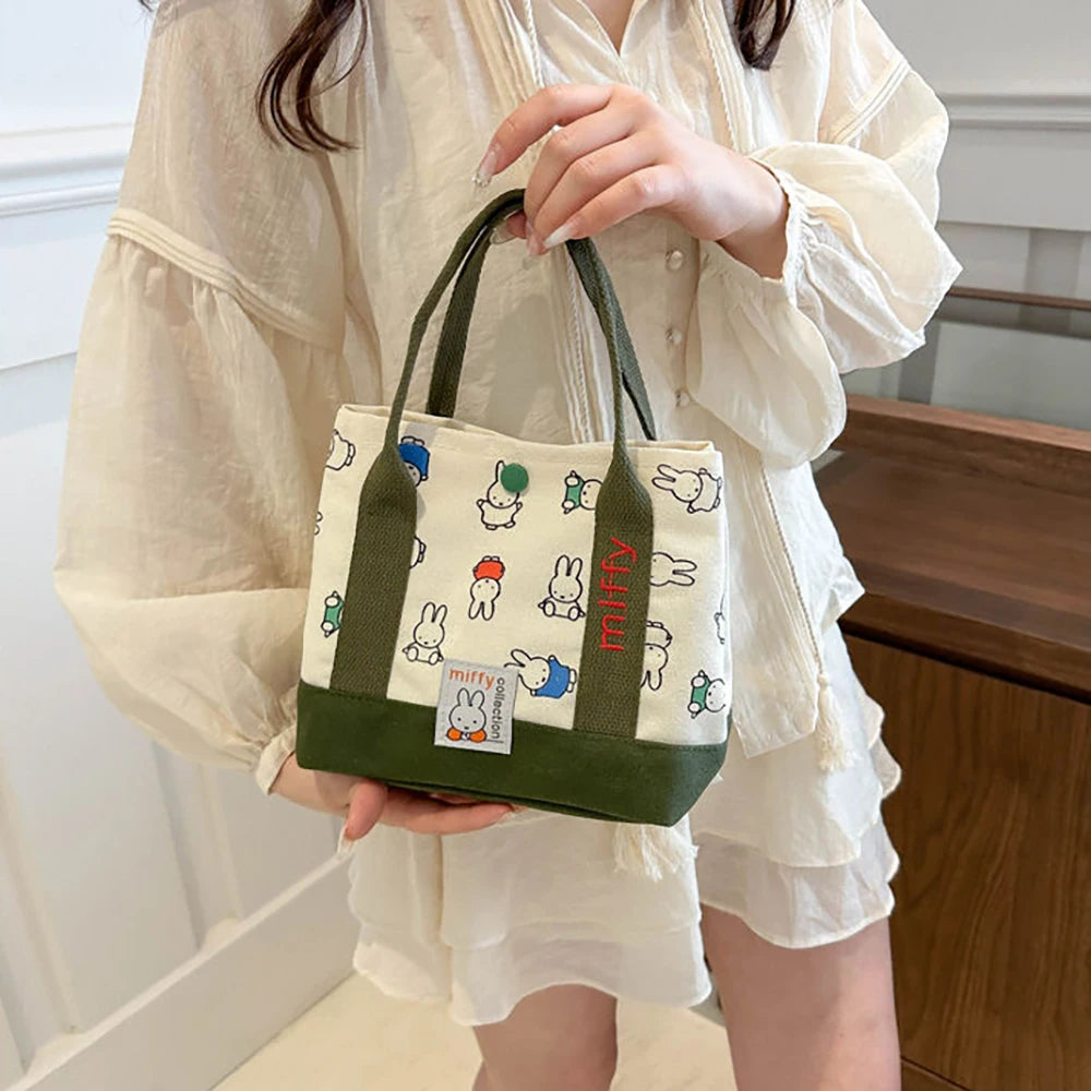 Kawaii Miffy Cute Handbag Cartoon Rabbit Canvas Embroidery Fashion Bento Multifunctional Storage Bag Girl Gift
