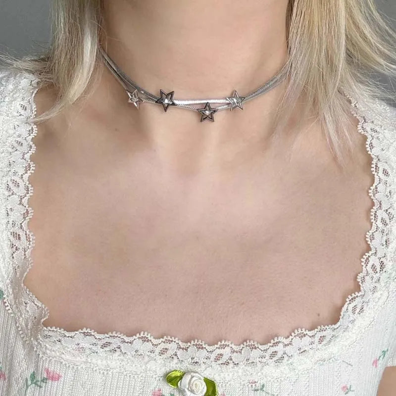 Y2K Hollow Star Double Layered Choker Necklaces for Women Punk
