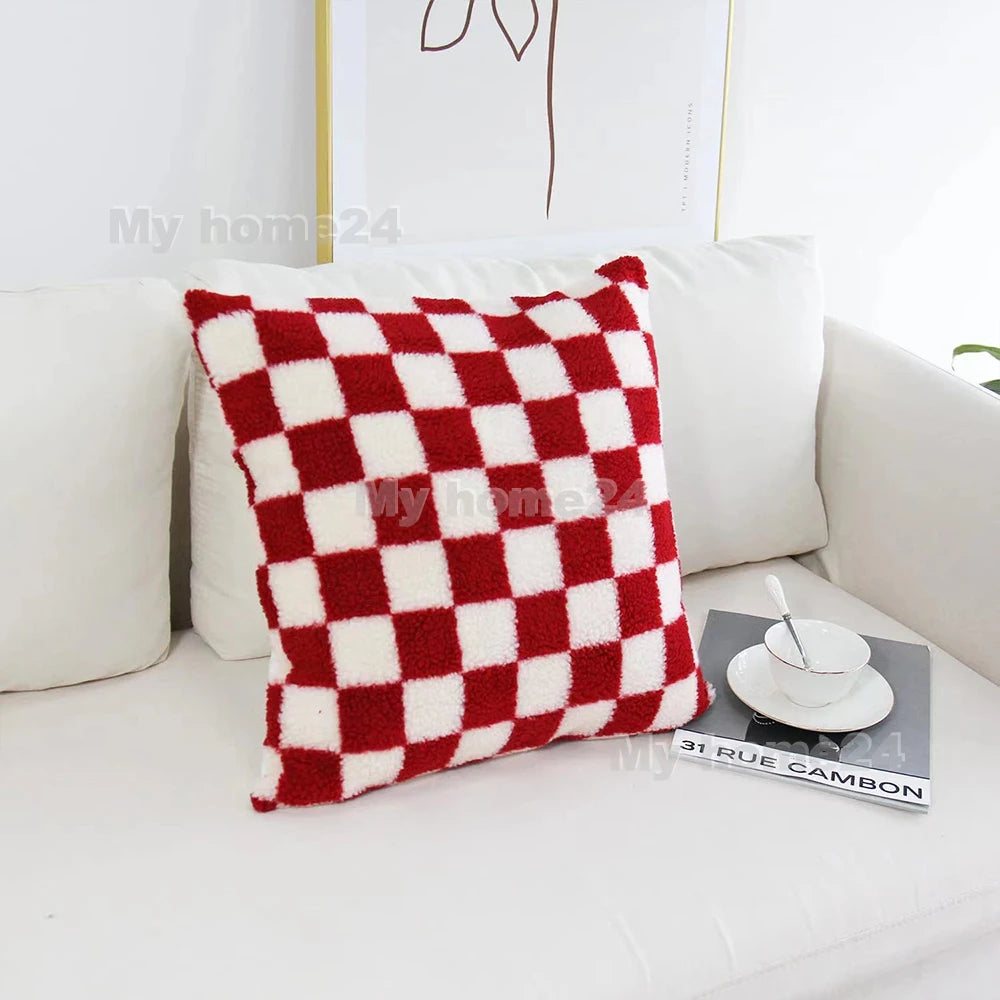 1Pc 45*45cm 50*50cm Checkerboard Plaid Plush Cushion Cover Knitted Car Sofa Throw Pillow Cover Short Fleece Pillowcase Cushion