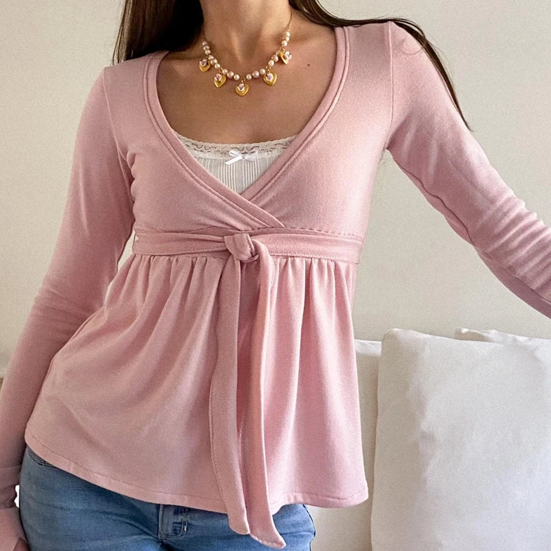 Women Autumn Vintage Y2K Crop Tops Cottage Bandage Babydoll
