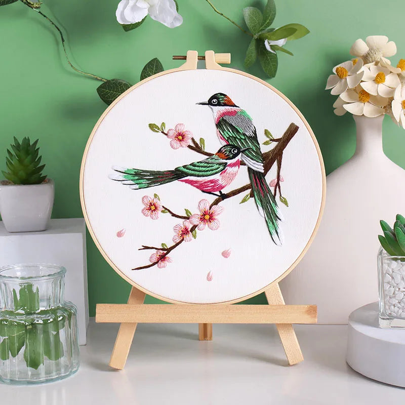 Bird Flower Chinese Wind Embroidery Kit with Instruction Needle Cloth with Pattern for DIY Craft Kit Home Decor