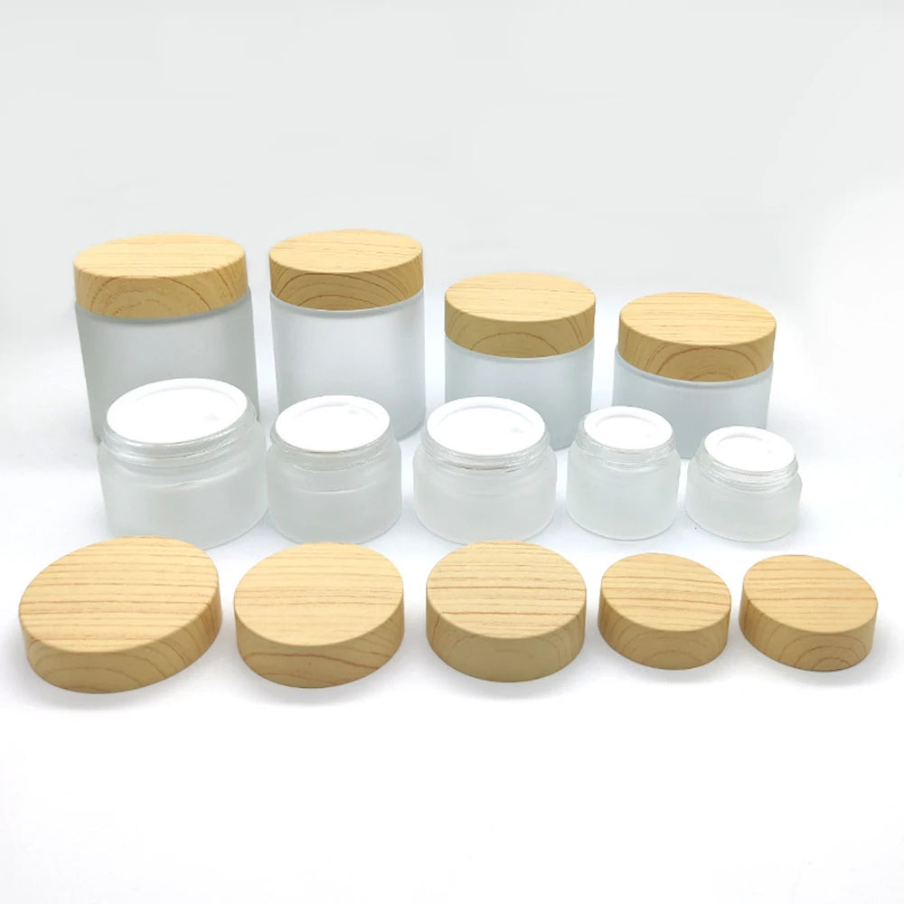 Durable Wood Grain Lid Frosted Glass Cream Jar Screw Cap Cosmetic Container Jar Cream Bottle Round Scrub Sub-bottling Skin Care