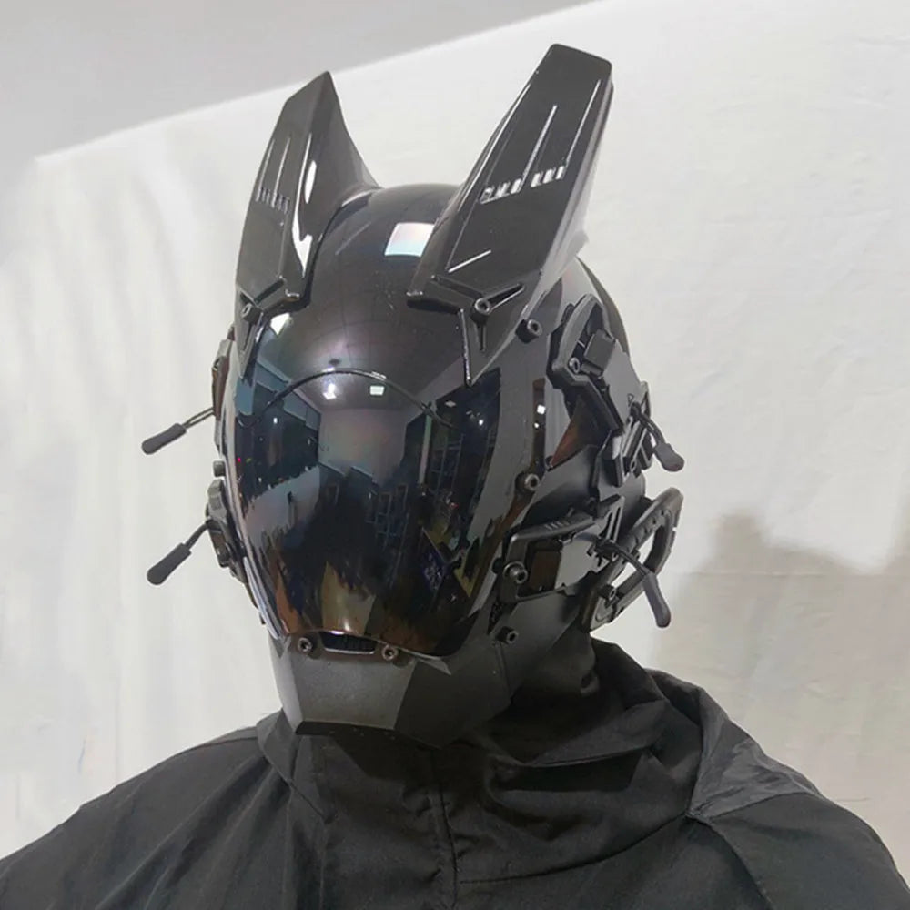 Cyberpunk Mask Futuristic Techwear, Halloween Cosplay Helmet Decor with Light and Dirty Braid, Japanese Warrior Style Knight Sty