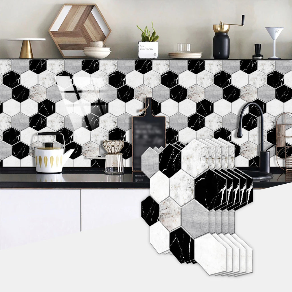 5 Styles Flat Hexagon Marble Embossing Tile Wall Stickers Oil-Proof Kitchen & Bathroom Washbasin Glossy Surface Decorative Mural