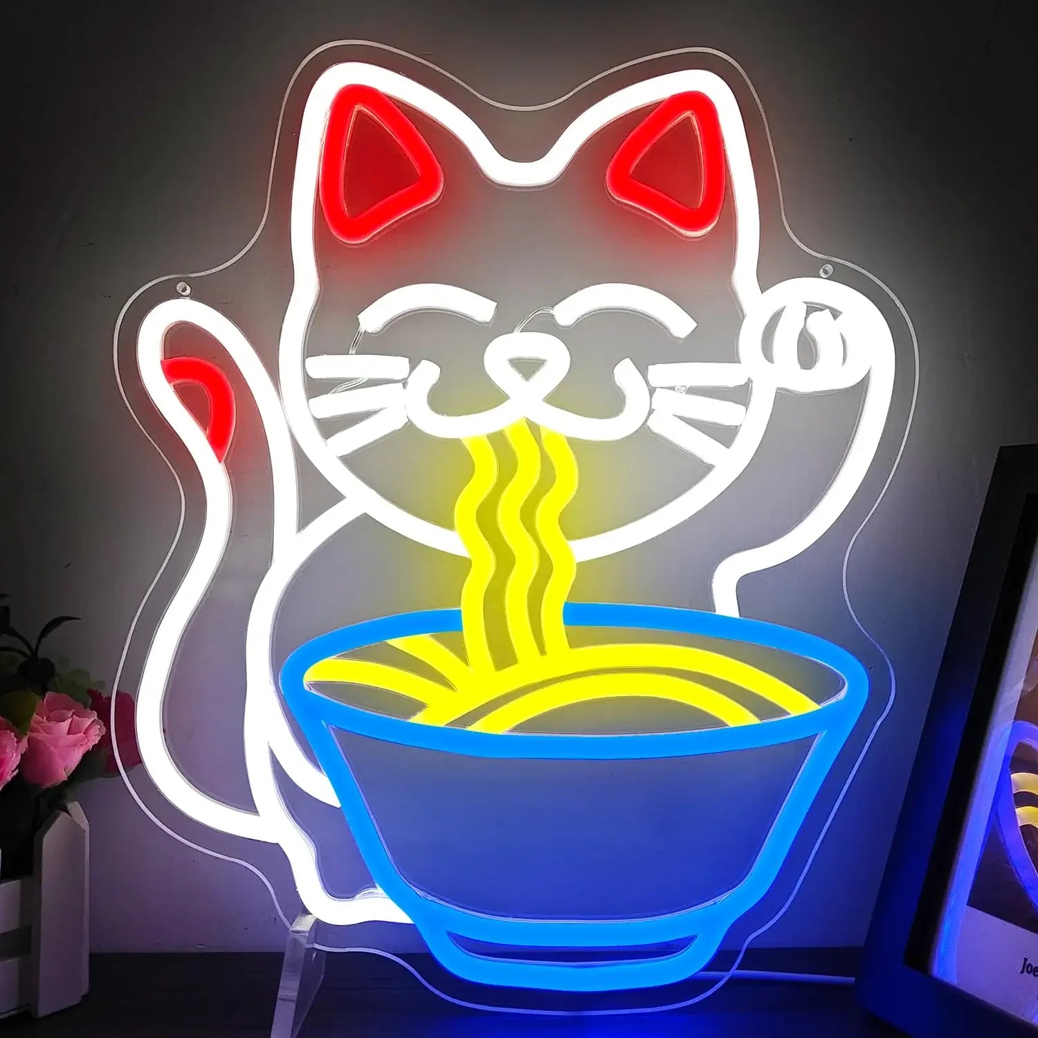 Ramen Cat Neon Sign, Bright LED for Restaurant and Cafe Decor, Japanese Kitchen Wall Art, Cat Lover Gift, Party Decoration