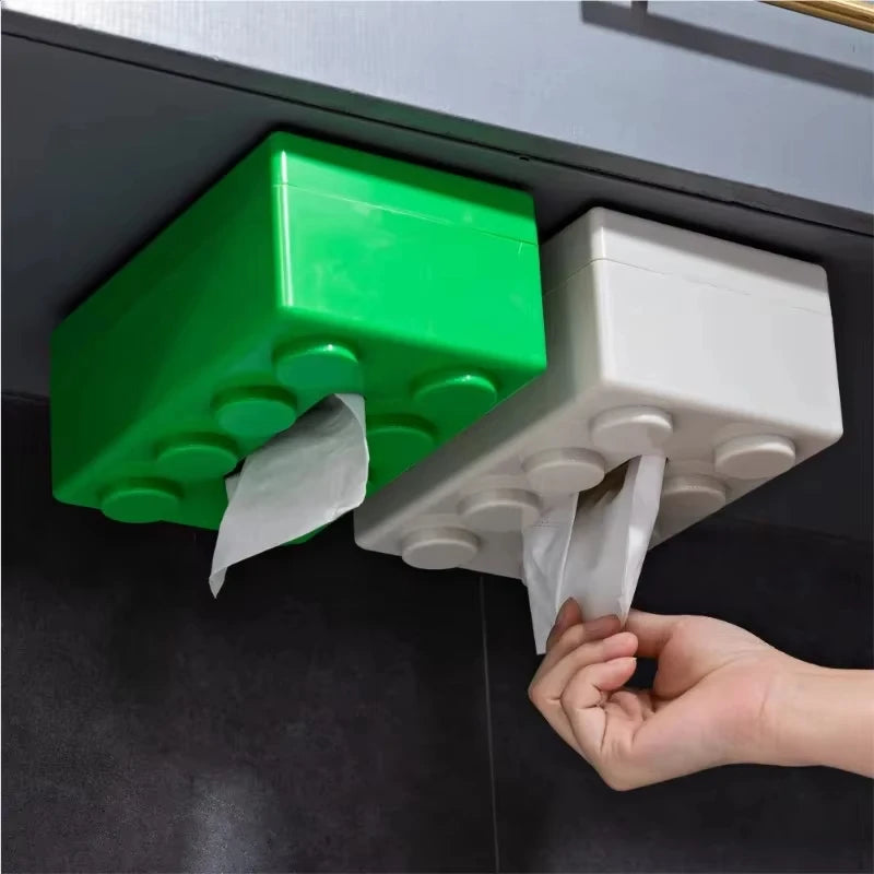 Building Blocks Tissue Box Punch-free Wall-mounted Creative Tissue Box With Spring Home Office Bathroom Waterproof Tissue Box