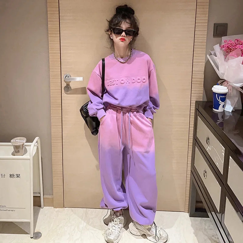 Girls Contrast Tie Dye Alphabet Sweatshirt+Drawstring Sweatpant Sets School Kids 2PCS Tracksuit Children Jogging Outfits 5-16 Yr