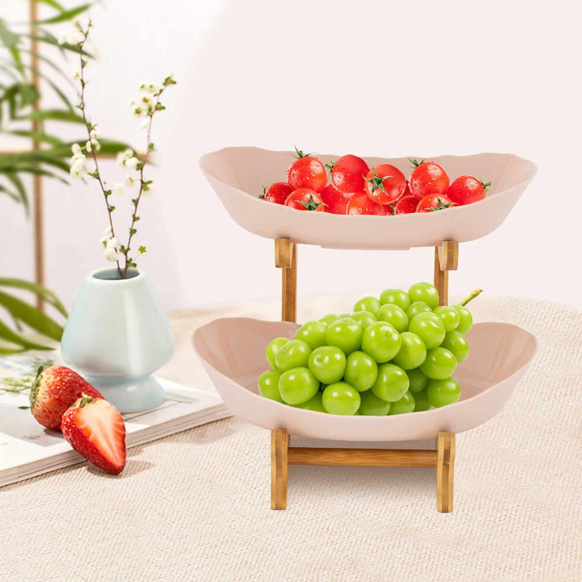 2 Tier Ceramic Fruit Bowl with Bamboo Wood Stand