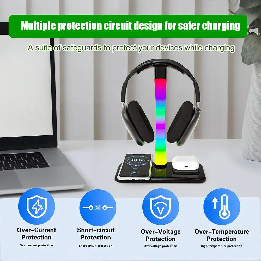 Wireless Charger Earphone Holder Colorful Atmosphere Light RGB Headset Stand Dream Color Lights With Type-c USB Ports Bracket