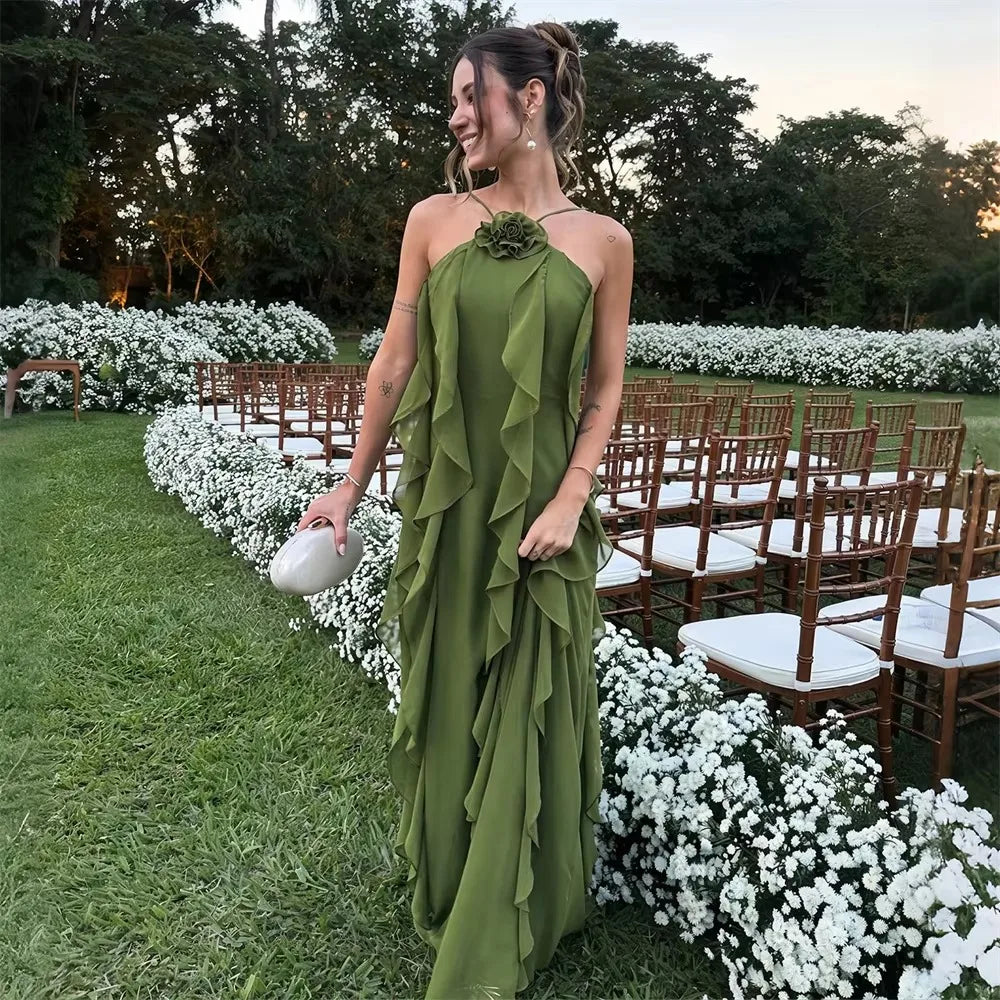 Woman Olive Green Halter Neck Chiffon Maxi Dresses 3D Floral