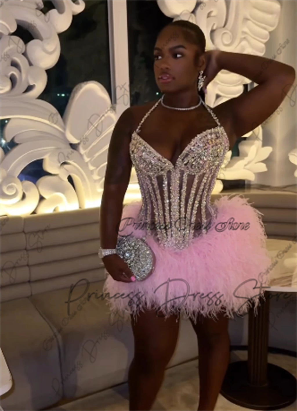 Shiny  Feather Birthday Prom Dresses Luxury Black Girls 2026 Beaded Rhinestones Homecoming Dress Mini Cocktail Gown Customized