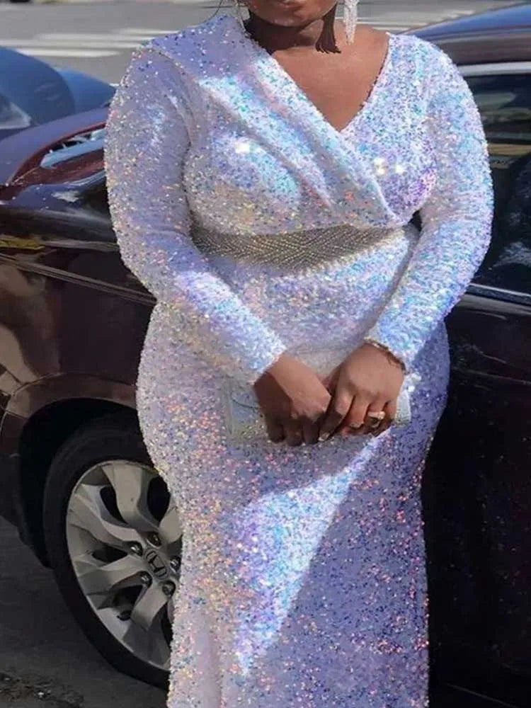 Woman Clothts Long Sleeve Maxi Dress High Waist New Year Luxury Sequined Party Sparkly Dresses V Neck Elegant Evening Dresses