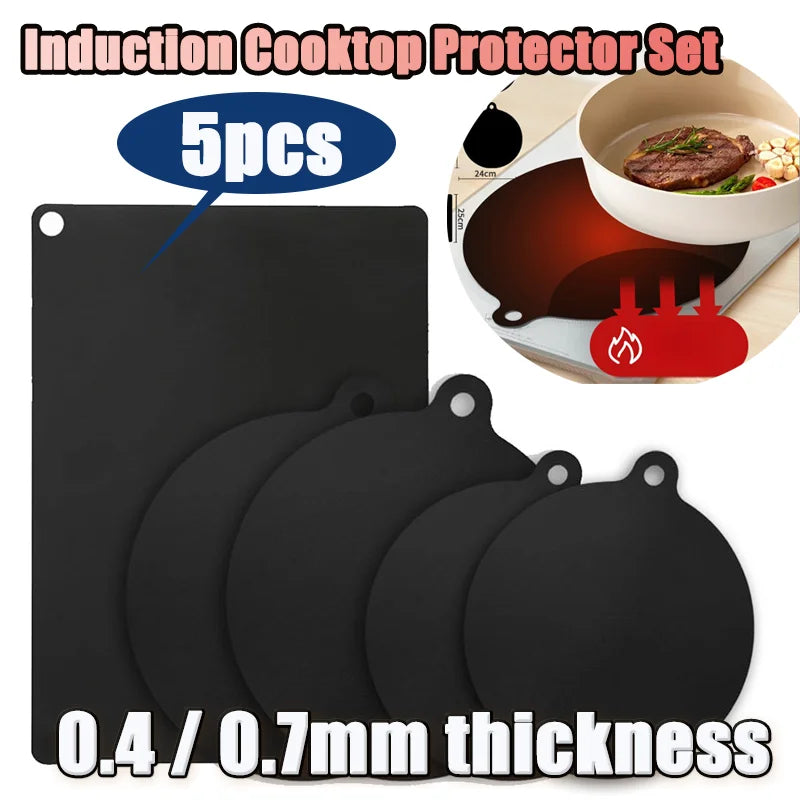 5PCS Induction Cooktop Black Protector Set Heat Resistant Electromagnetic Stove Protection Rectangular Round Mat For Kitchen Pot