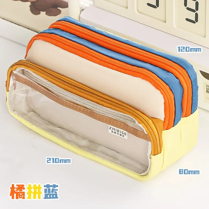 Kawaii Pencil Bag Large Capacity 3 Compartments Pencil Case Pen Pouch Desk Organizer School Supplies Cute Korean Stationery