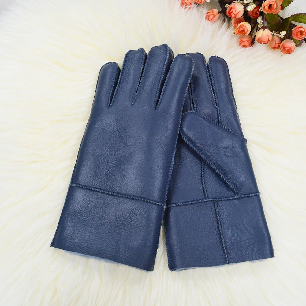 Classic Solid Color Winter Warm Sheepskin Fur Gloves Men Thickened Outdoor Motorcycle Riding Windproof And Leather Fur Gloves