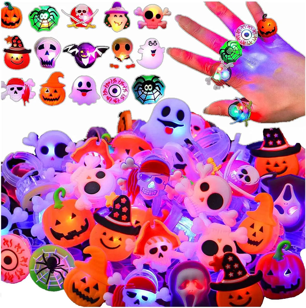 20/50pc Halloween LED Light Up Rings Toys Horror Pumpkin Ghost Spider Glow Finger Rings for Kids Trick Party Supplies Party Gift