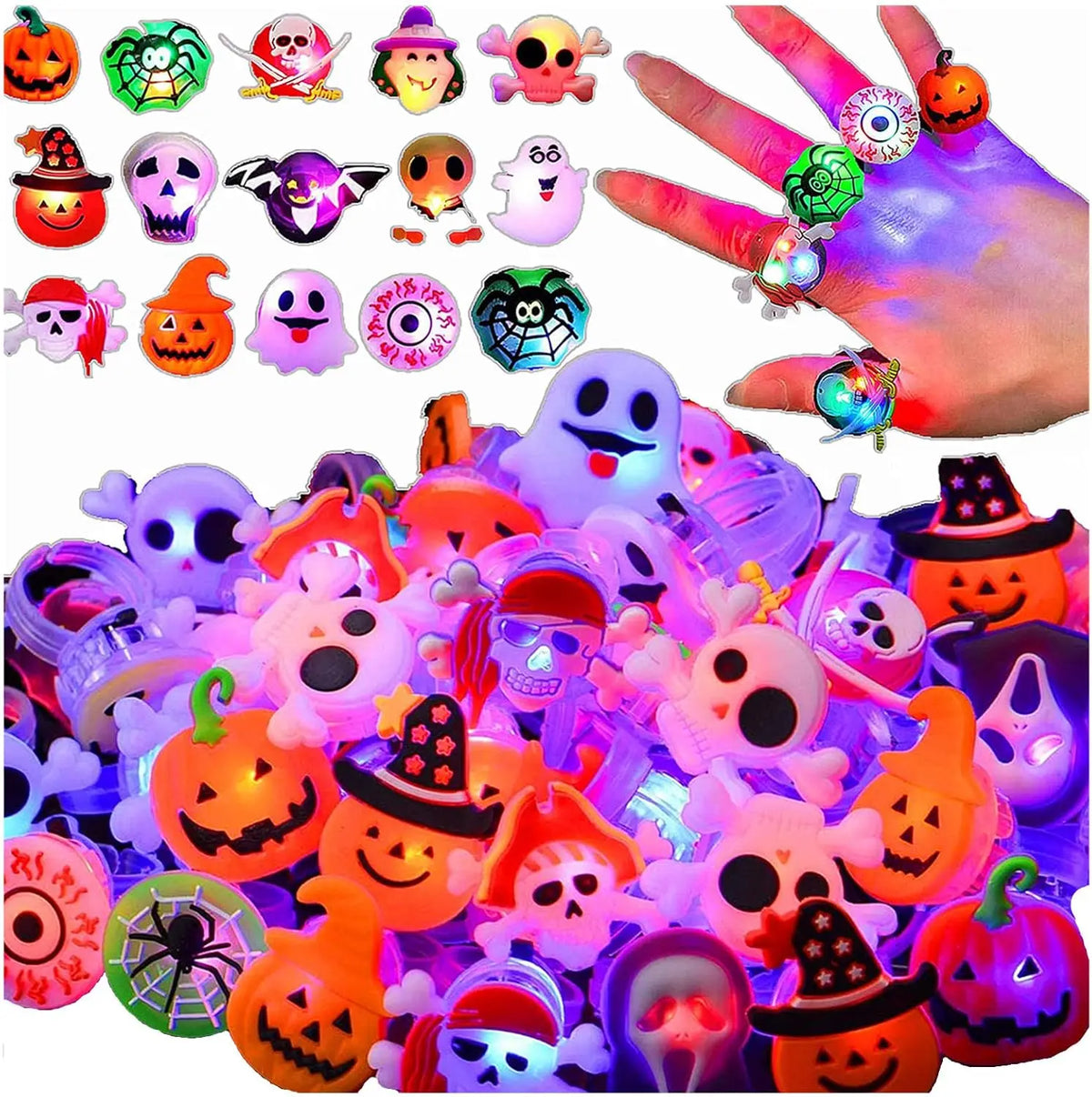 20/50pc Halloween LED Light Up Rings Toys Horror Pumpkin Ghost Spider Glow Finger Rings for Kids Trick Party Supplies Party Gift