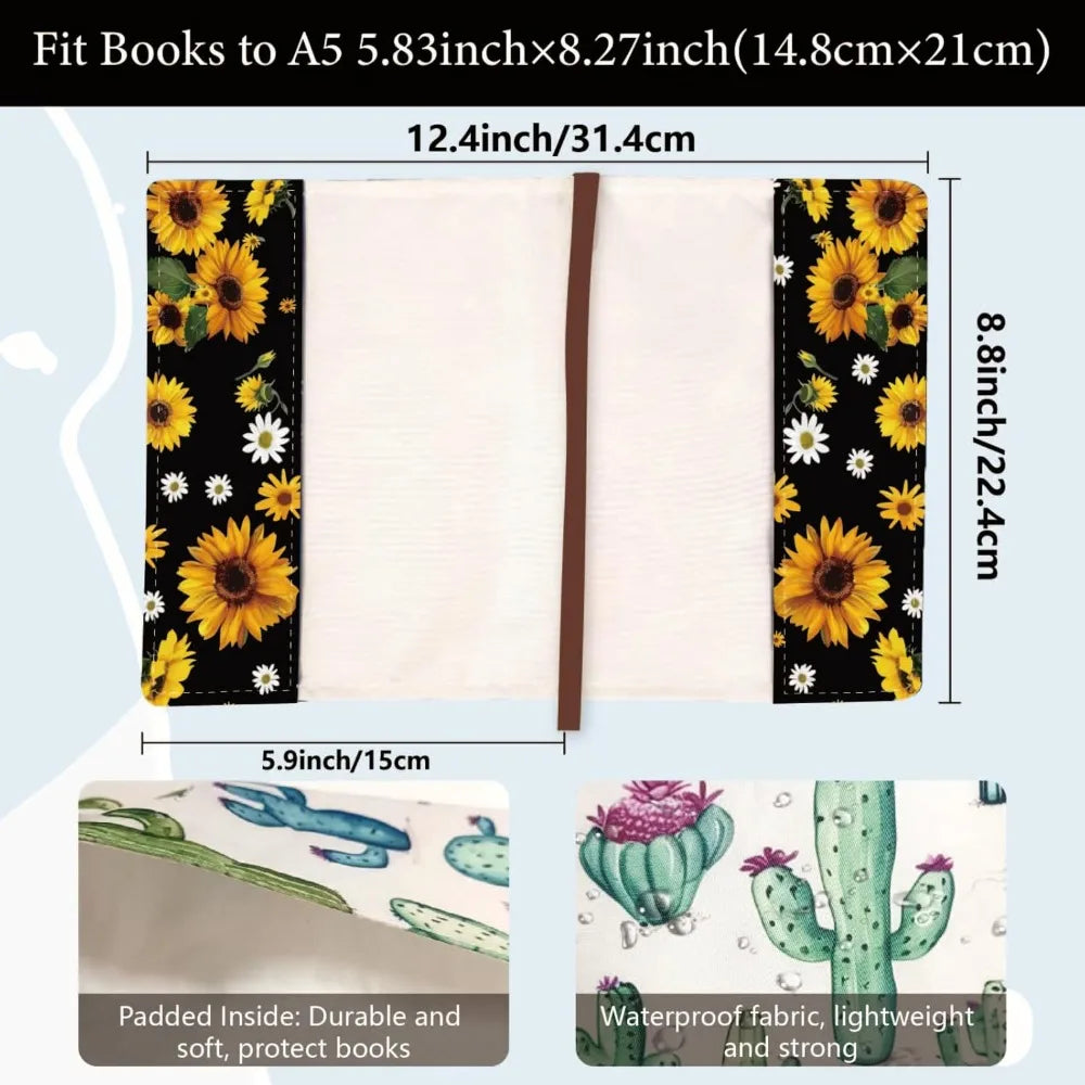 A5 Sunflower Jumbo Fabric Book Sleeve Covers Reusable Textbook Protective Book Sleeves for Hardcover 12.4x8.8Inch Books Label