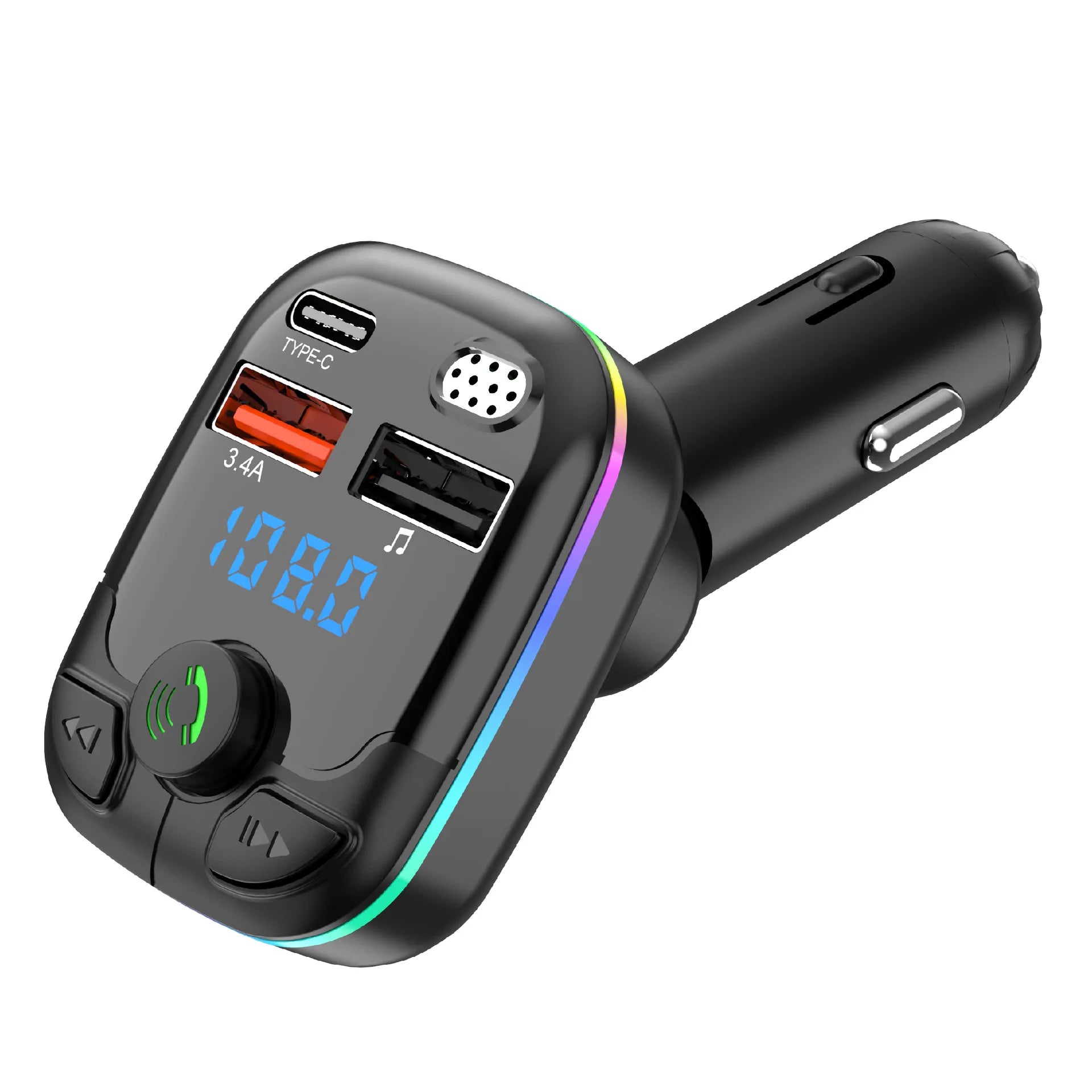 Bluetooth 5.0 Car FM Transmitter Wireless Charger PD Type C Fast Charge Dual USB Charger Ambient Light MP3 Player Handsfree