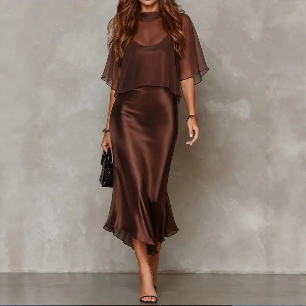 Elegant Women's Chiffon Cape Top Satin Mermaid Dresses Fashion