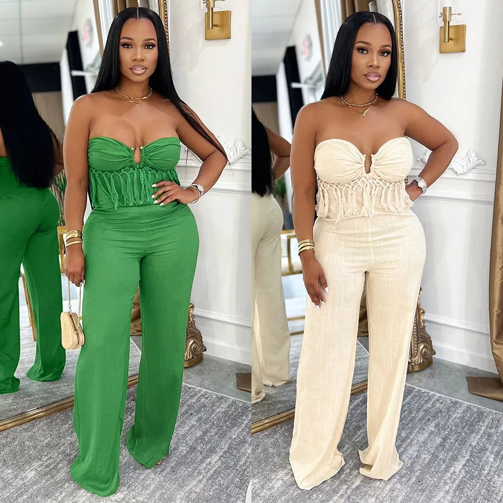 Pant Set Women Two Piece Sets Strapless Sleeveless Sexy Short Tops Long Pants High Waist Y2k Streetwear Solid Slim Fit 2026