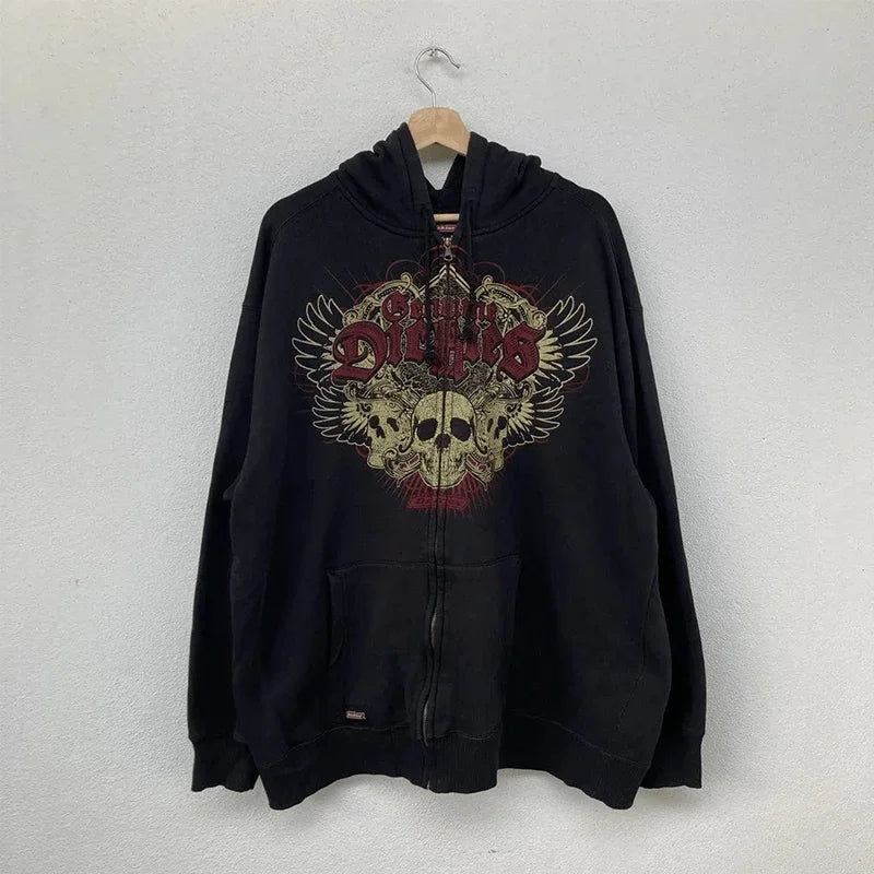 Mens Black Zip Hoodie Skull Print Dark Style Cotton Streetwear Jacket Casual Long Sleeve Pullover Hooded Sweatshirt Graphic