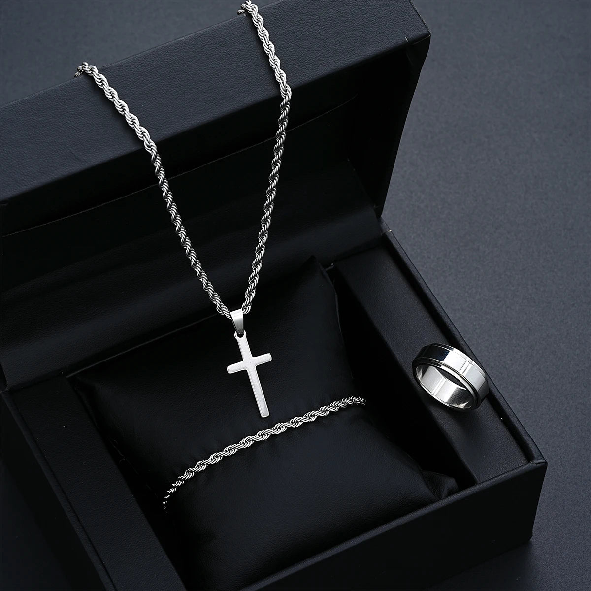 Stainless Steel Simple Jewelry Set For Men Women Fashion Silver Color Cross Pendant Twisted Rope Necklace Bracelets Ring Gifts
