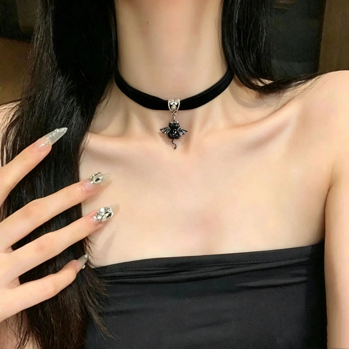 Gothic Black Velvet Choker Little Demon Bat Charm Pendant Necklace