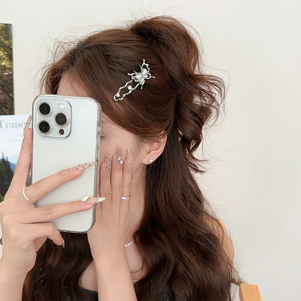 Y2K Girls Irregular Liquid Metal Hair Clip Butterfly Flower Cat