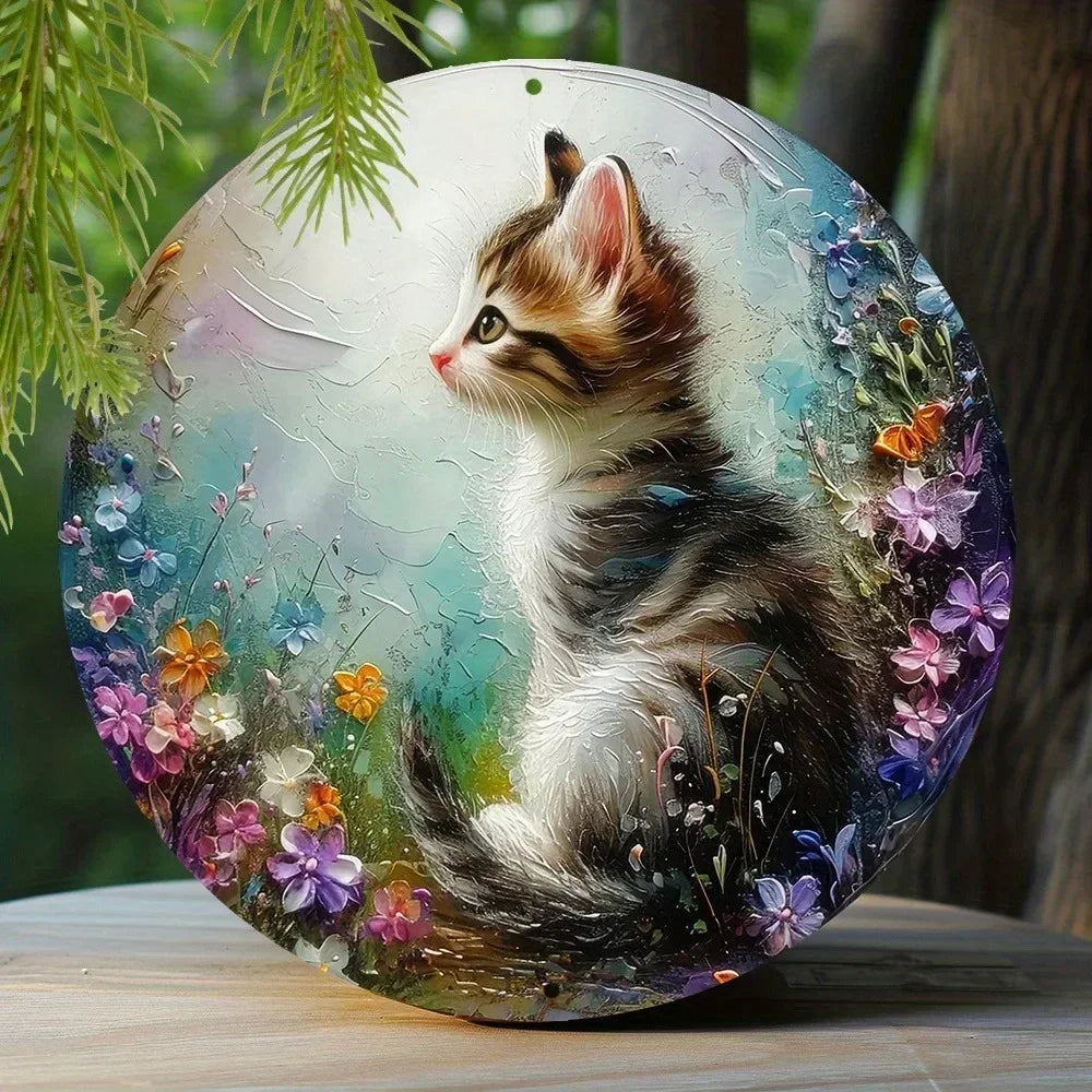 Cute Black Cat Gift Theme Round Metal Aluminum Sign Art Desktop Decorative Plates for Bar Cafe Club Yard Home Office Wall Decor