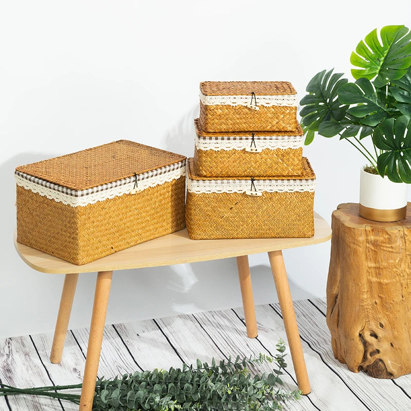 Wicker Basket with Lids Nautral Seagrass Storage Box Basket Woven Rectangular Bins Container Rattan Storage Kitchen Organizer