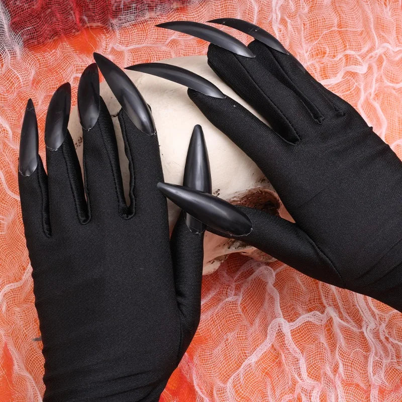 5/1pair Scary Long Nails Gloves Halloween Cosplay Ghost Claw Black Nails Finger Gloves Arm Sleeves Party Costumes Props Supplies