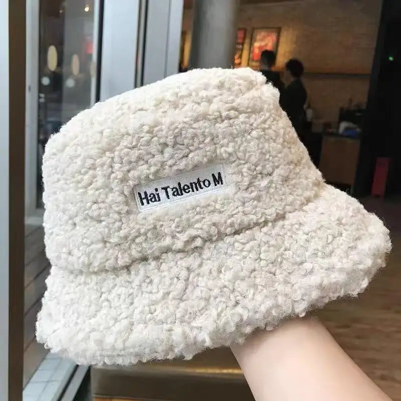 Korean Fisherman Hat Pure Color Warm Embroidered Letter Beanie Plush Light Weight Cap Unisex Casual Bucket Hat