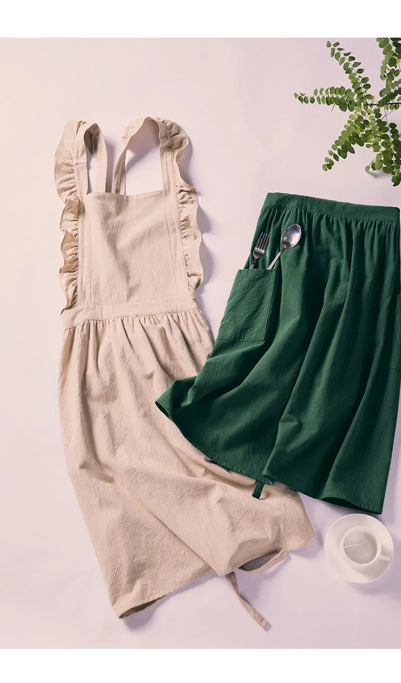 Japanese Korean Flouncing Kitchen Coffee Shop Working Falbala Apron kawaii Home Cotton Linen Pinafore with Lotus Leaf Lace