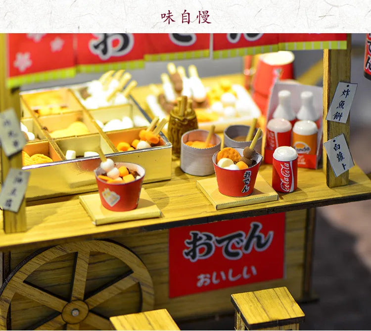 16 DIYJapanese Chinese style handmade wooden doll house Oden cooking car stall creative birthday gift collector decoration