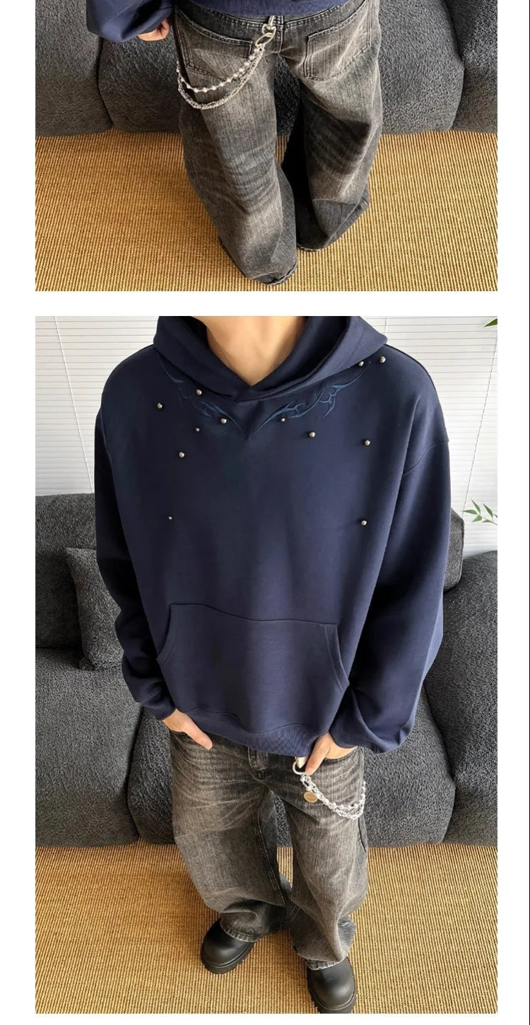 American Retro Spine Embroidered Metal Rivet Pullover Hooded Sweatshirt Men Women High Street Hip-Hop Loose Casual Streetwear