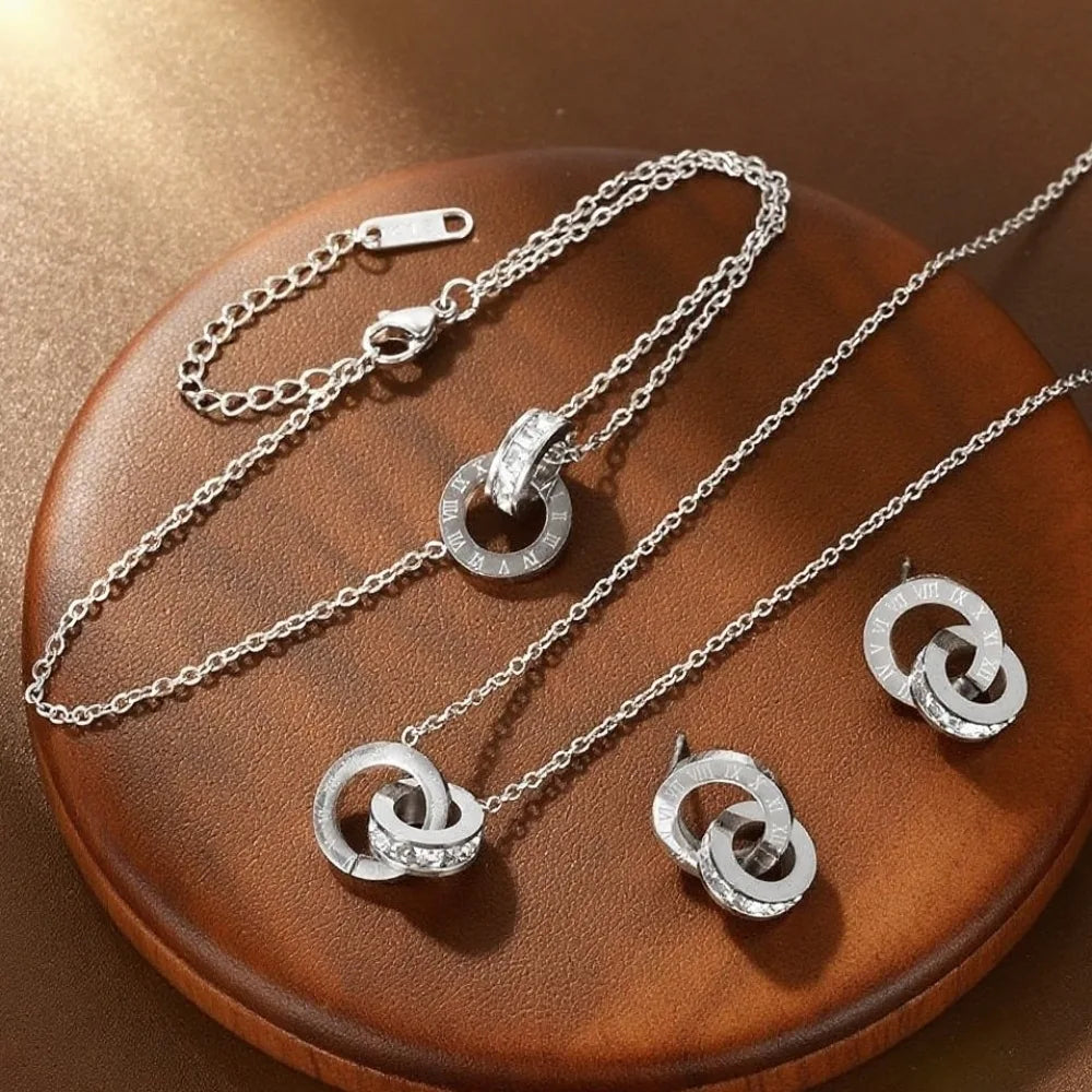 Women's Classic Stainless Steel Roman Numerals Necklace Bracelet Earrings