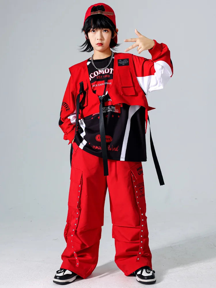 Boys Hip Hop Cool Sweatshirt Vest Cargo Pants Girls Fashion Jazz Street Dance Costume Children Clothes Set Kids K-pop Streetwear