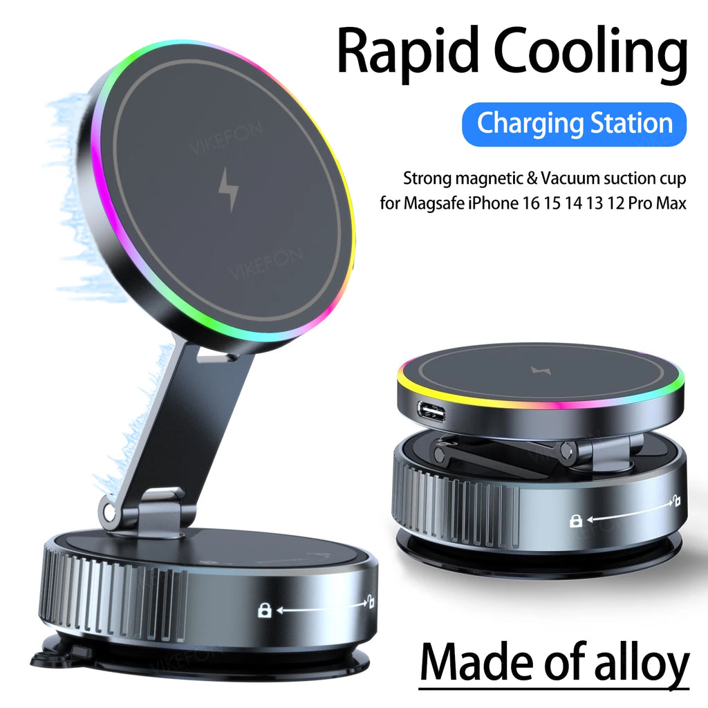 Cooling Wireless Charger Car Phone Holder with Breathing RGB Light Magnetic Suction Cellphone Bracket  for iPhone 12/13/14/15/16