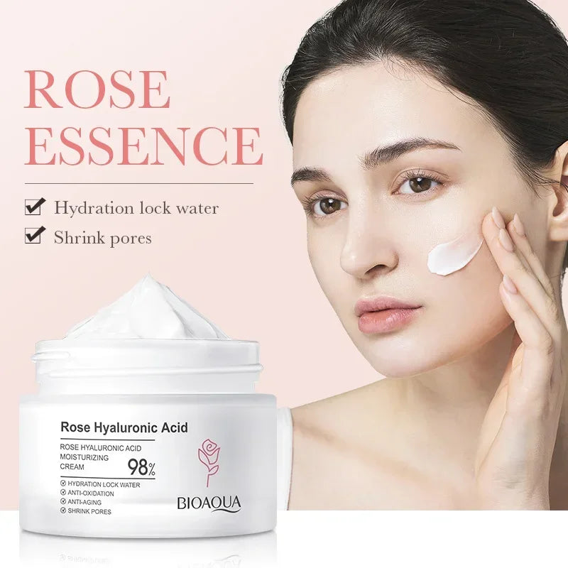 BIOAOUA Hyaluronic Acid Rose Essence Cream Shrink Pores Anti-oxidation Lock Water Hydrating Moisturizing Face Cream Skin Care
