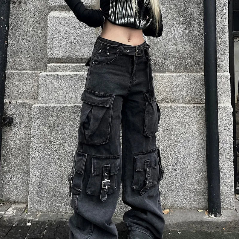 Women Y2K Japanese Streetwear Design Cargo Pants Denim Pants Long