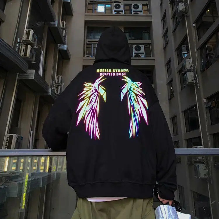 Reflective Male Hoodie Hip Hop Overfit New in No Brand Y2k Vintage Novelty and Simple 90s Tops Fleeced Men's Hooded Sweatshirt