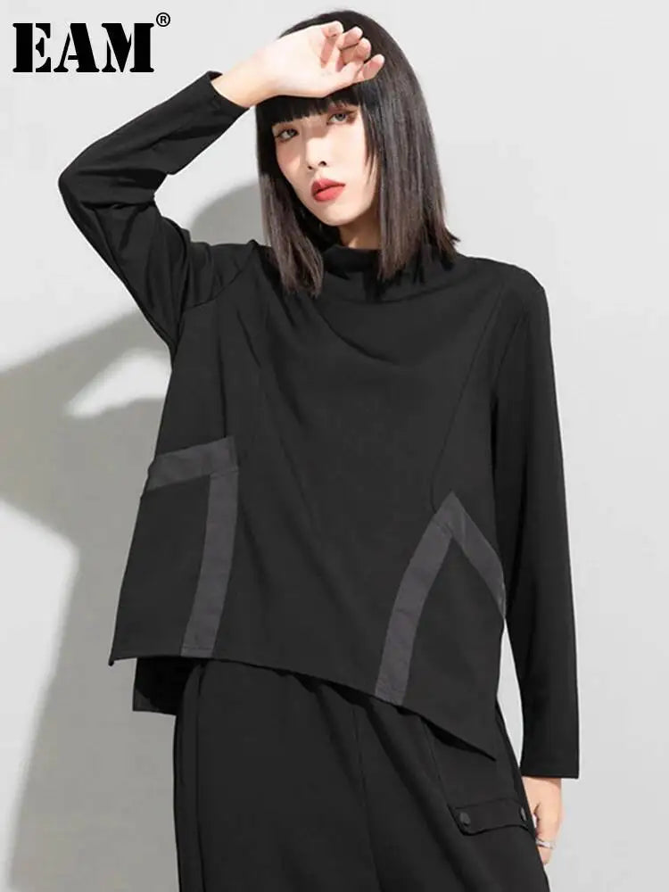 EAM Loose Fit Pocket Irregular Black Sweatshirt New Stand Collar Long Sleeve Women Big Size Fashion Spring Autumn 2026 1DE4263
