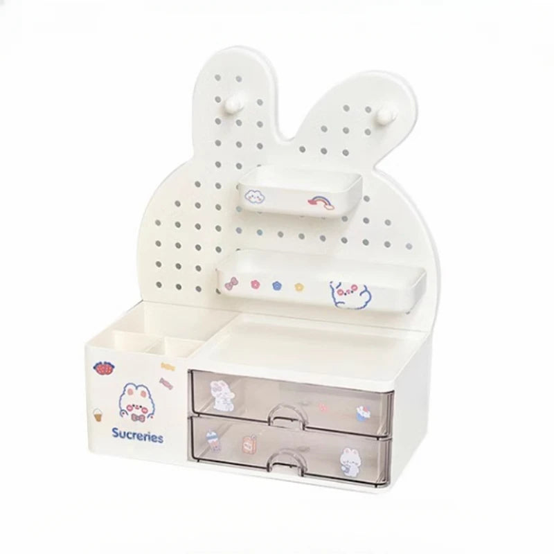 Desktop Hole Board Storage Box Desk Organizer Girls Cute Pen Holder Storage Stationary Rack Korean Kawaii Bunny Cosmetic Shelf