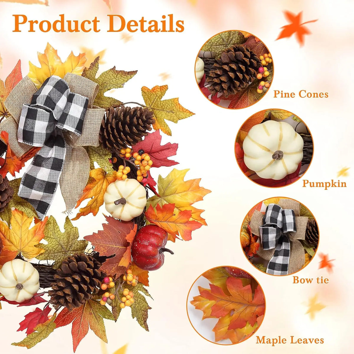 Garvee 20Inch Halloween Pumpkins Fall Wreath Artificial Flower Wreath