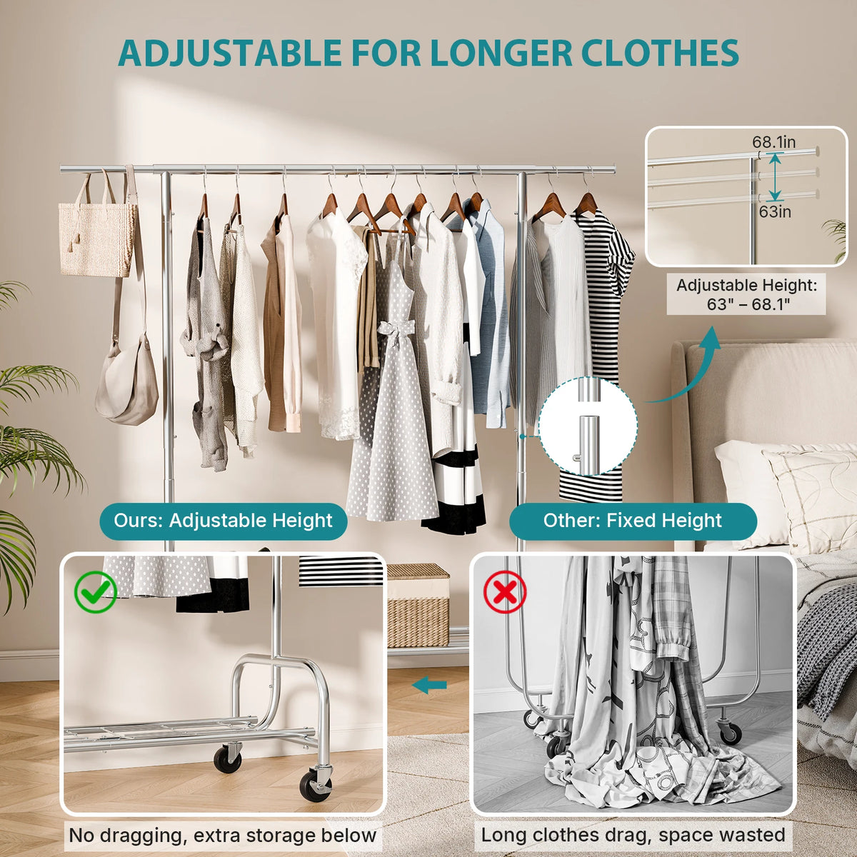 MCQ 70IN Heavy Duty Clothes Racks with Wheels Entryway