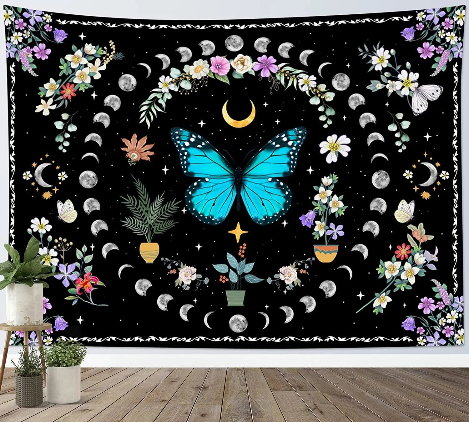 Butterflies and Moths Tapestry Black and White Flower Tapestry Wall Hanging Beach Blanket Romantic Bedroom Dorm Home Decor