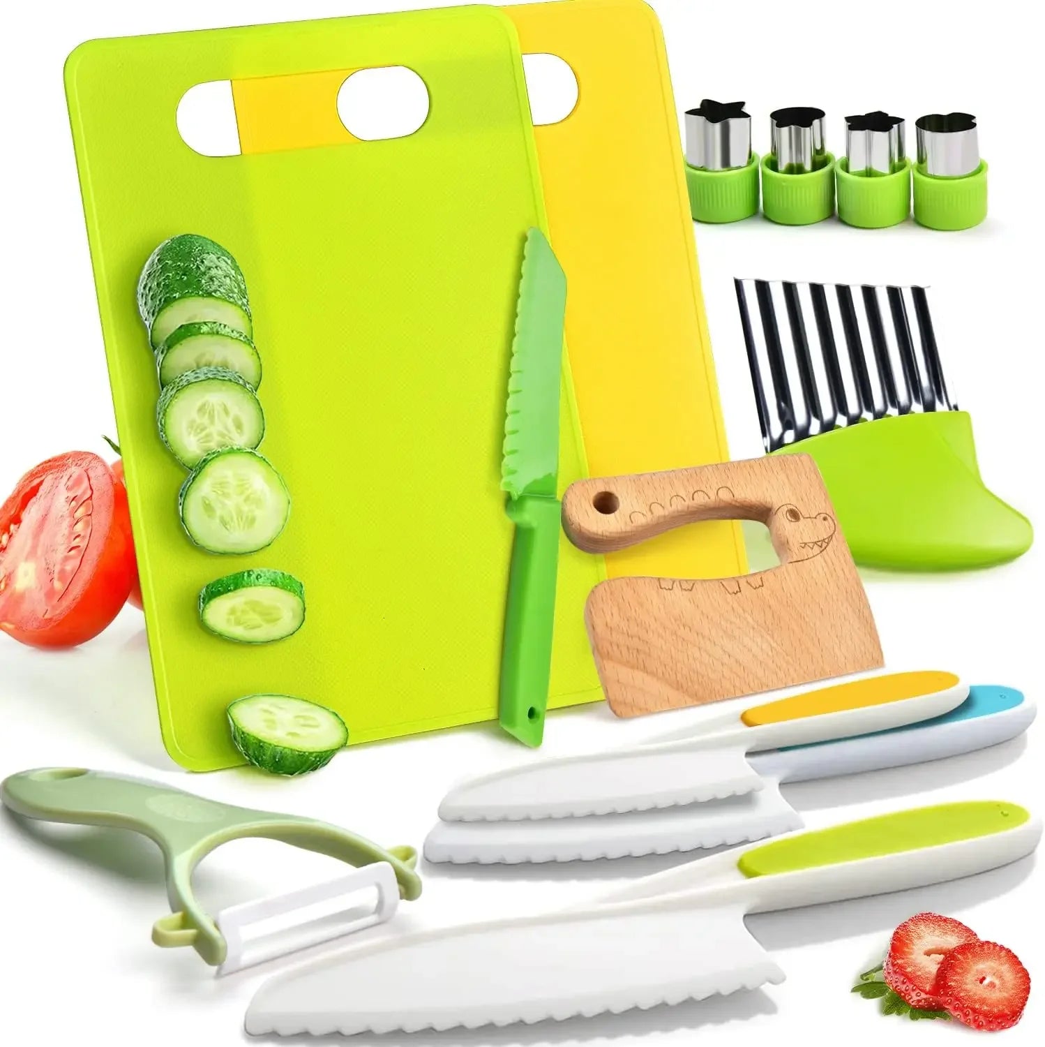 17 Pieces Kids Cooking Set Real Montessori Kitchen Tools Toddler Safe Serrated Edges with Plastic Knife Cutting Board Scissors