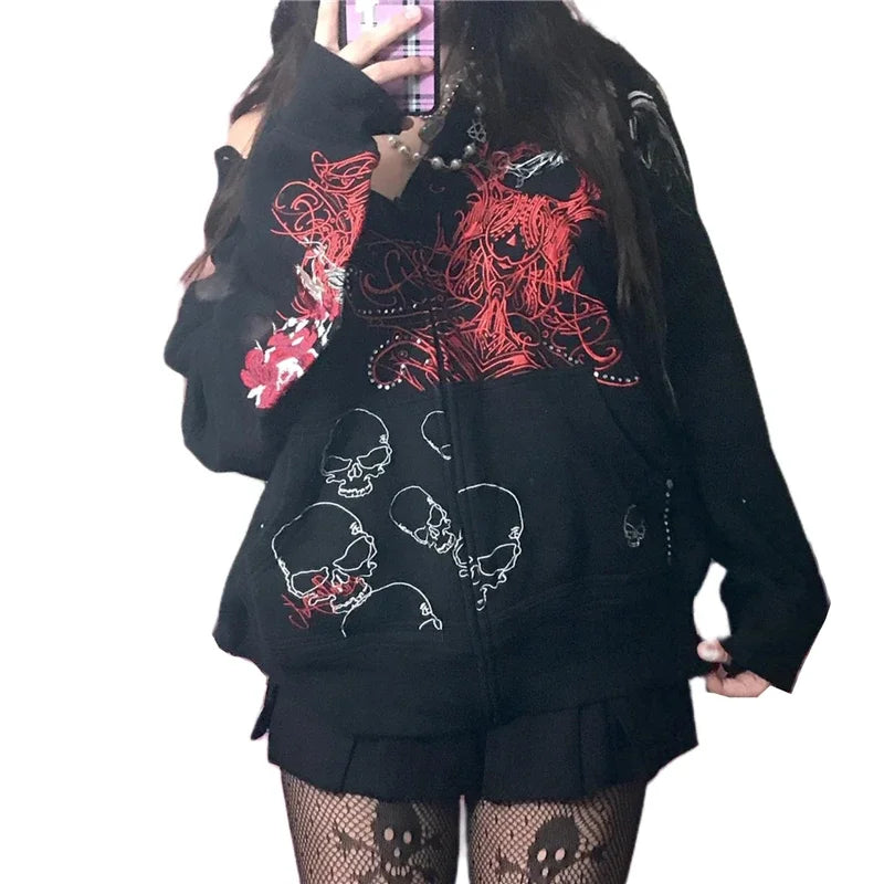 Mens Black Zip Hoodie Skull Print Dark Style Cotton Streetwear Jacket Casual Long Sleeve Pullover Hooded Sweatshirt Graphic