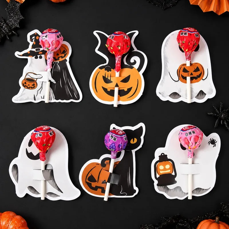 48pcs Ghost Lollipop Holder Happy Halloween Lollipop Cute Decoration Paper Card Trick Or Treat Candy Pack Halloween Party